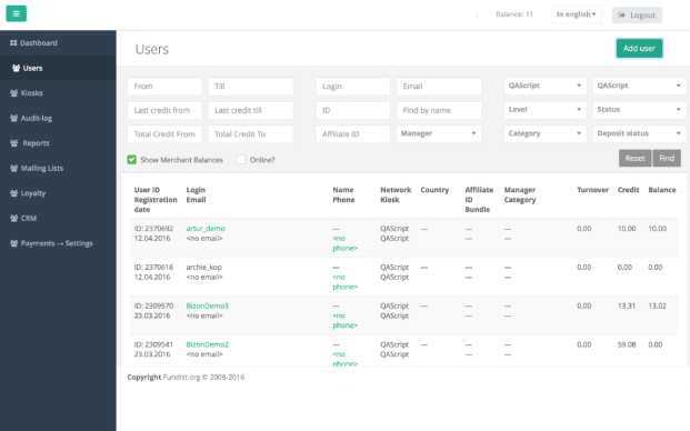 Casino Software back office screen
